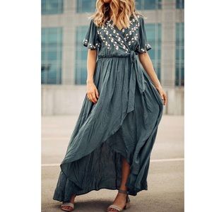 Faux Wrap Dress with Embroidery